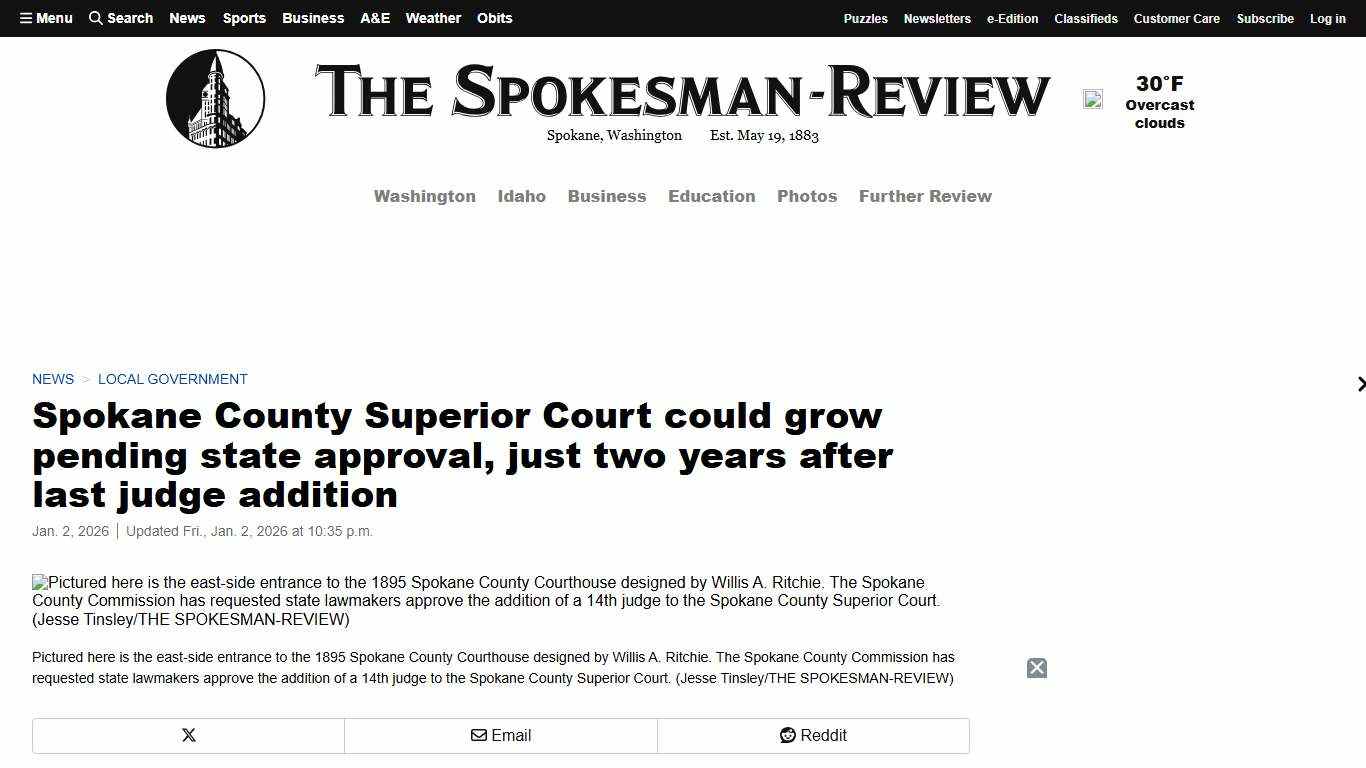 Spokane County Superior Court could grow pending state approval, just two years after last judge addition